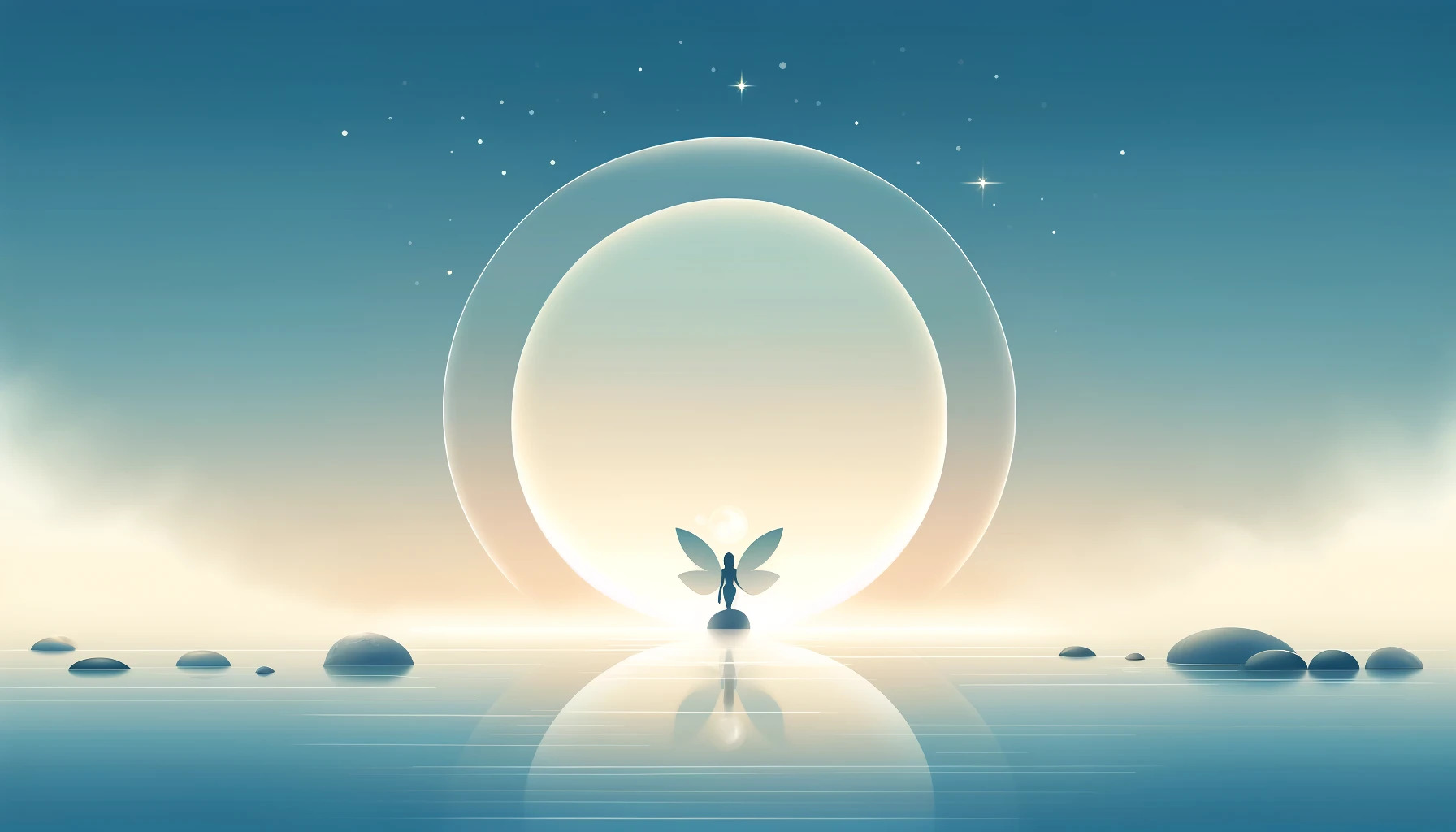 DALL·E 2024 07 14 23.51.01   A minimalist fantasy scene featuring a tranquil lake with a glowing fairy circle on the water. The background includes a gentle gradient sky with subt